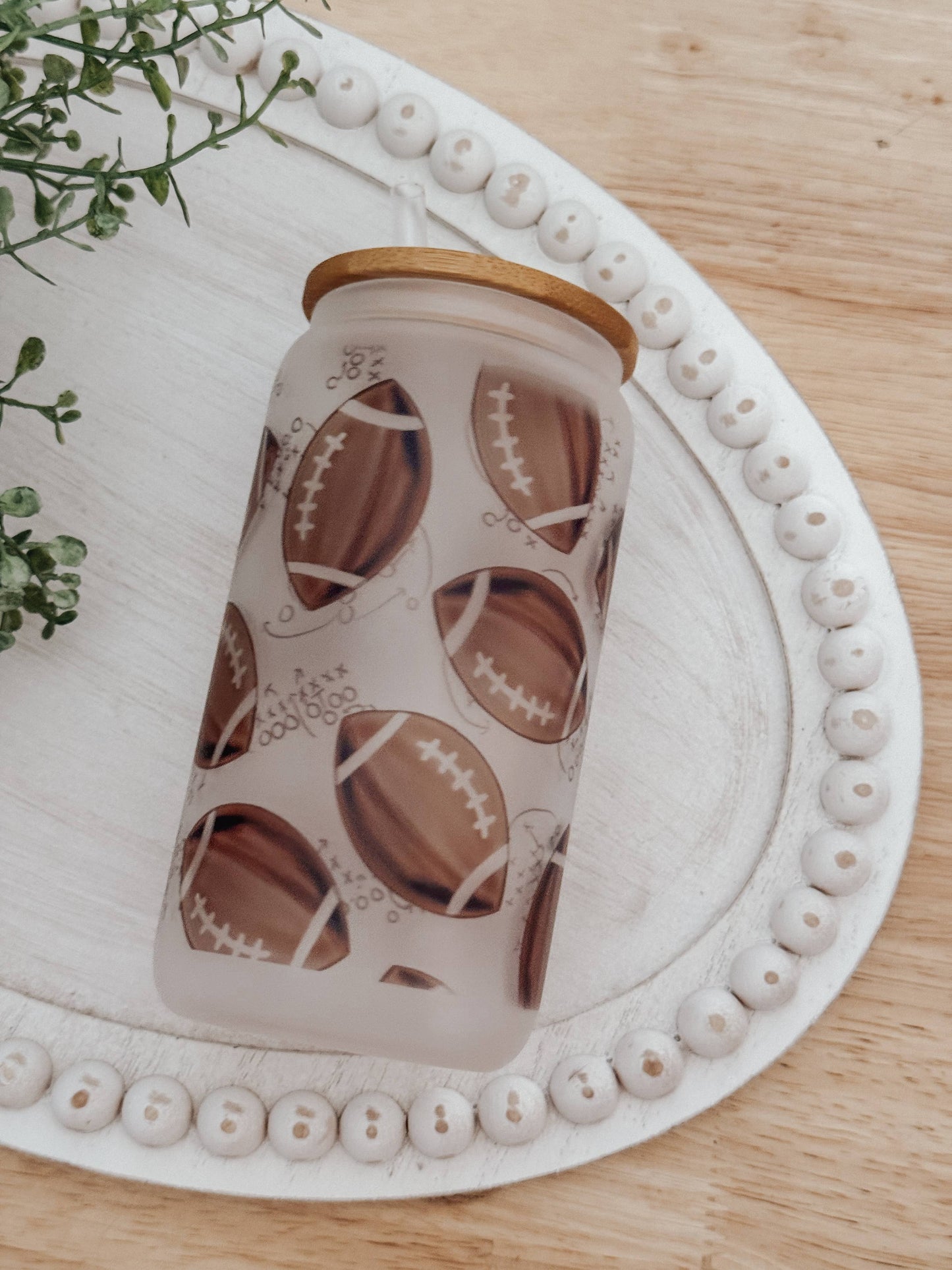 Watercolor Footballs 16oz Glass Cup with Bamboo Lid