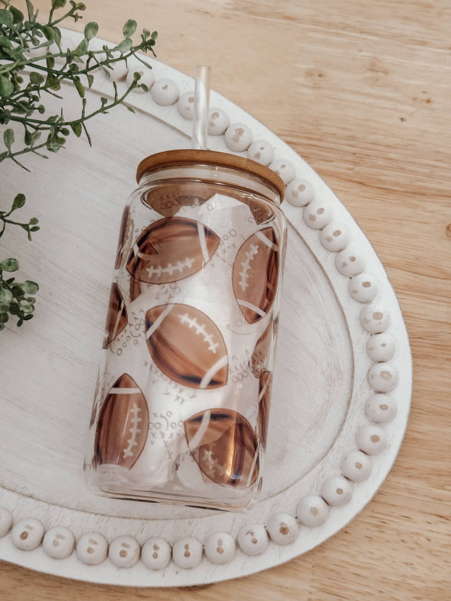 Watercolor Footballs 16oz Glass Cup with Bamboo Lid