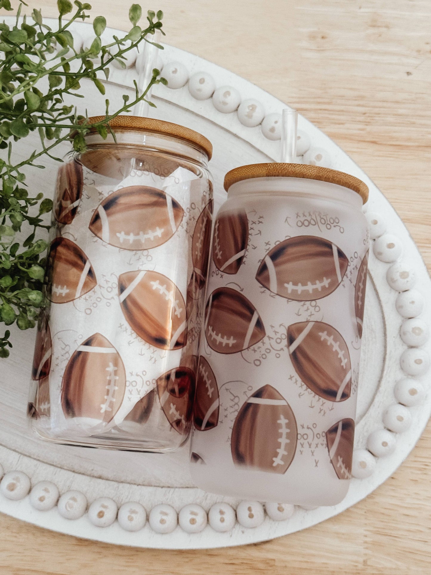 Watercolor Footballs 16oz Glass Cup with Bamboo Lid