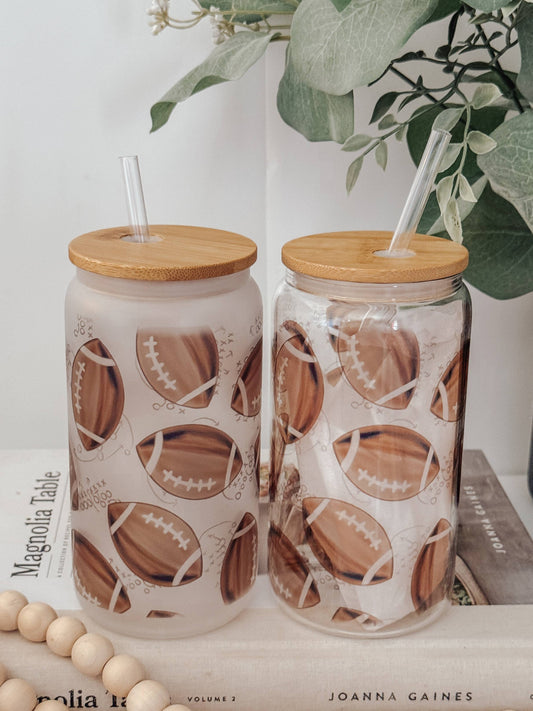 Watercolor Footballs 16oz Glass Cup with Bamboo Lid