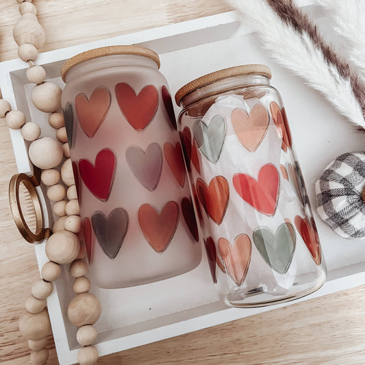 Boho Fall Hearts 16 oz Glass Cup with Bamboo Lid